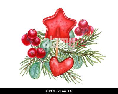 Caramelle rosse, rami di abete rosso, mirtilli rossi maturi e succosi. Caramello a forma di stella e cuore. Lecca-lecca trasparente, caramelle zuccherate sul bastoncino. Foto Stock