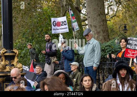 Londra, Regno Unito. 28 ottobre 2023. Un manifestante palestinese tiene un cartello durante la manifestazione che sollecita la fine degli attacchi israeliani a Gaza Credit: SOPA Images Limited/Alamy Live News Foto Stock