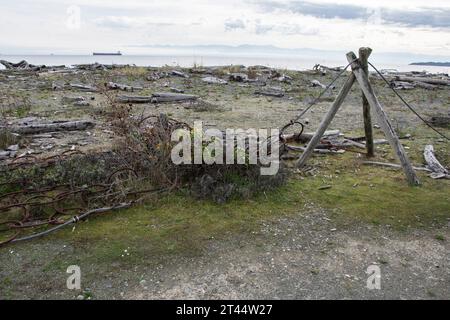 Trappola in rete d'acciaio che rileva i sottomarini in arrivo a Fort Rodd Hill e Fisgard Lighthouse National Historic Site a Victoria, British Columbia, Canada Foto Stock