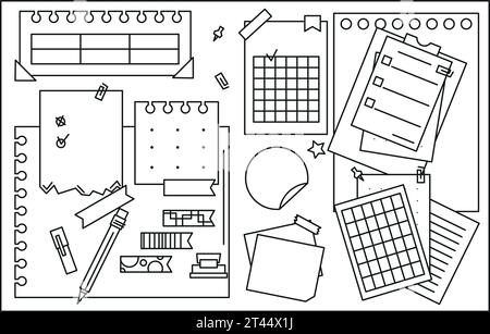 Set di carta a righe, note adesive, promemoria, elenco attività, nastro adesivo e perni. Elementi del diario Bullet in stile doodle. Illustrazione vettoriale sul retro bianco Illustrazione Vettoriale