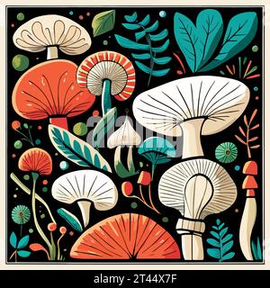 Design a fungo. carta da parati natura autunnale. Grafico schema foresta selvaggia. Funghi, sfondo psichedelico. Funghi magici e divertenti. illustrazione vettoriale. Illustrazione vettoriale Illustrazione Vettoriale