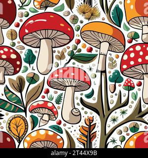 Design a fungo. carta da parati natura autunnale. Grafico schema foresta selvaggia. Funghi, sfondo psichedelico. Funghi magici e divertenti. illustrazione vettoriale. Illustrazione vettoriale Illustrazione Vettoriale