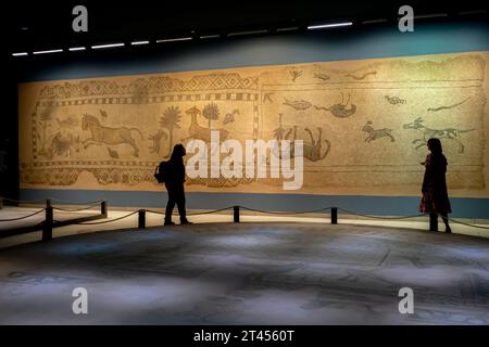 Visitatori del Museo del mosaico di Zeugma di fronte al mosaico di Saridere, V secolo d.C. , Gaziantep Turkey Foto Stock