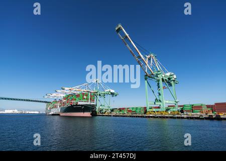 Los Angeles, California, USA - 4 ottobre 2023: Veduta della nave cargo Evergreen e della gru portuale presso il porto di Los Angeles. Foto Stock