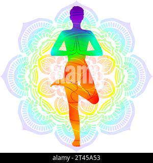 Silhouette colorata di Ardha Padmasana. Posa in piedi per metà loto o posa per metà loto. Illustrazione vettoriale isolata su sfondo Mandala. Illustrazione Vettoriale