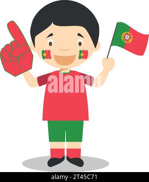 Tifoso della nazionale portoghese con bandiera e guanto Vector Illustration Illustrazione Vettoriale