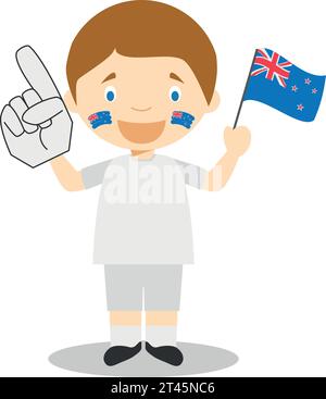 Tifoso della nazionale neozelandese con bandiera e guanto Vector Illustration Illustrazione Vettoriale