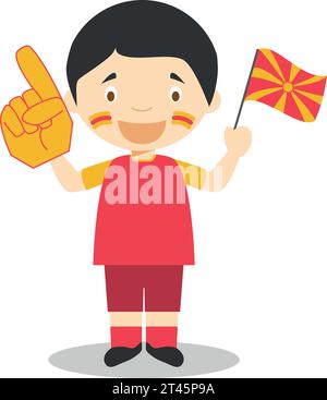 Tifoso della nazionale macedone con bandiera e guanto Vector Illustration Illustrazione Vettoriale