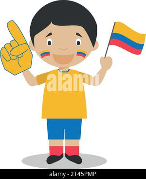 Tifoso della nazionale colombiana con bandiera e guanto Vector Illustration Illustrazione Vettoriale