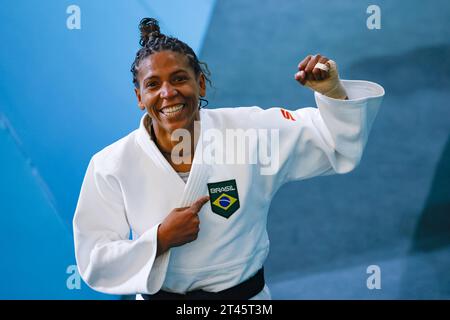 Rafaela Silva celebra l'oro nel Judo sotto i 57 kg durante i Giochi panamericani di Santiago 2023 che si svolgono questo sabato mattina (28), presso il centro sportivo contact di Santiago del Cile. ((134) Rodolfo Buhrer/la Imagem/Fotoarena/SPP) ((134) Rodolfo Buhrer/la Imagem/Fotoarena/SPP) credito: SPP Sport Press Photo. /Alamy Live News Foto Stock