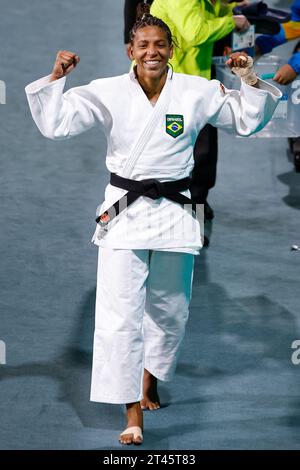 Rafaela Silva celebra l'oro nel Judo sotto i 57 kg durante i Giochi panamericani di Santiago 2023 che si svolgono questo sabato mattina (28), presso il centro sportivo contact di Santiago del Cile. ((134) Rodolfo Buhrer/la Imagem/Fotoarena/SPP) ((134) Rodolfo Buhrer/la Imagem/Fotoarena/SPP) credito: SPP Sport Press Photo. /Alamy Live News Foto Stock