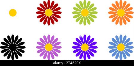 Set di icone colorate con simbolo di fiori bianco rosso verde arancione giallo e rosa a margherita. Immagine vettoriale. Illustrazione Vettoriale