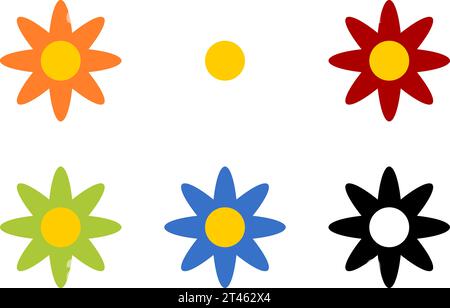 Set di icone colorate con simbolo di fiore bianco rosso verde arancione giallo blu e camomilla margherita nero. Immagine vettoriale. Illustrazione Vettoriale