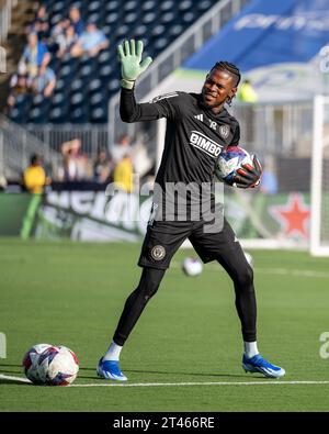 Andre Blake Philadelphia Union portiere (numero 18) si riscalda prima di una partita della MLS - partita della Major League Soccer vs. New England Revolution credito: Don Mennig / Alamy News Foto Stock