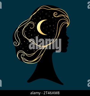 Profilo femminile con stelle dorate e mezzaluna. Emblema di un cielo notturno. Illustrazione vettoriale Illustrazione Vettoriale