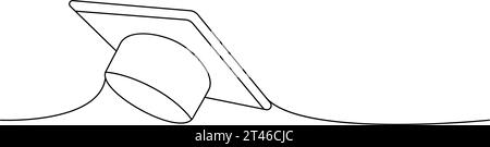 Tappo di graduazione, la scuola fornisce un disegno continuo su una linea. Ritorno a scuola illustrazione continua a una riga. Illustrazione lineare minimalista vettoriale. Illustrazione Vettoriale