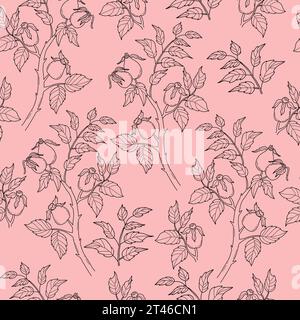 Motivo floreale senza cuciture ramo rosa con frutta su sfondo rosa. Illustrazione vettoriale. lineare disegnato a mano per carta da parati, design, tessuto, imballaggio Illustrazione Vettoriale