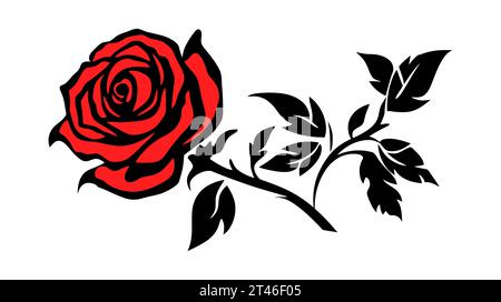 Rose rosse disegnate a mano in nero e rosso. Silhouette a infiorescenza con fiori di rosa con linea nera isolate su sfondo bianco. Illustrazione Vettoriale