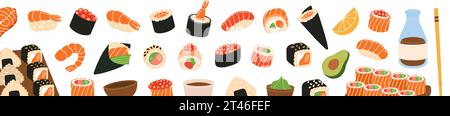 Banner sushi. Sushi e rotoli con sfondo orizzontale. Tobiko maki, philadelphia roll, onigiri, nigiri di gamberi, tekkamaki tonno roll, futomaki Illustrazione Vettoriale