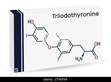 Triiodotironina, T3, molecola di liotironina. È l'ormone tiroideo, l'ormone ipofisario della ghiandola, utilizzato per trattare l'ipotiroidismo. Formula chimica scheletrica. Illustrazione Vettoriale