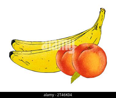 Composizione della frutta fresca isolata su fondo bianco. Banane, pera e pesca, concetto di stile di vita sano. Cibo vegetariano, illustrazione disegnata a mano. Foto Stock