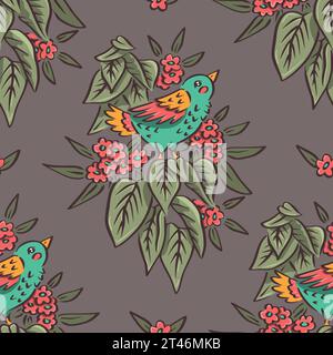 Motivo senza cuciture con simpatici motivi di uccelli e fiori disegnati a mano Illustrazione Vettoriale
