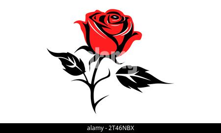 Rose rosse disegnate a mano in nero e rosso. Silhouette a infiorescenza con fiori di rosa con linea nera isolate su sfondo bianco. Illustrazione Vettoriale