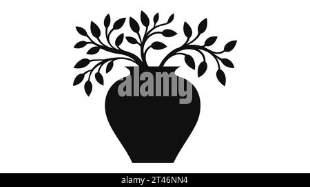 Fiore, pianta con le foglie in pentola. Icona vaso di fiori nero su sfondo bianco. Illustrazione Vettoriale