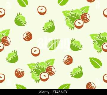 Nocciole, filbert, cobnut, noci, foglie e piante, sfondo vettoriale senza interruzioni, pattern. Noci, cibo, pasto, natura, frutta, kernel, mangiare e mangiare Illustrazione Vettoriale