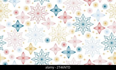 Stampato a forma di bordo natalizio di fiocchi di neve o stelle, nei colori natalizi. Risorsa grafica natalizia sfondo natalizio vettorizzato o. Illustrazione Vettoriale