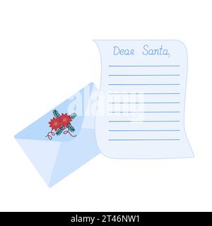 Lettera a Babbo Natale modello vuoto da compilare, busta decorata con disposizione invernale illustrazione vettoriale disegnata a mano, semplice scarabocchio natalizio Illustrazione Vettoriale
