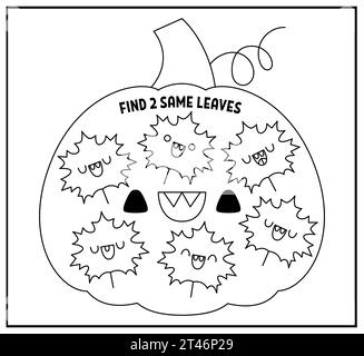 Trova due stesse foglie. Attività Halloween in bianco e nero per bambini. Divertente foglio di lavoro del quiz logico autunnale per bambini. Gioco stampabile o c Illustrazione Vettoriale