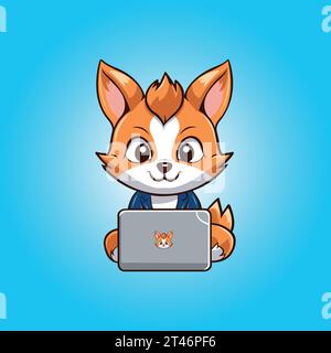 Vector cute Fox con illustrazione a cartoni animati del computer portatile Illustrazione Vettoriale