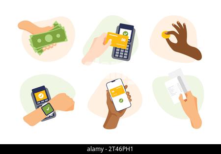 Icona mano con oggetti e gesti diversi. Pagamento senza contatto tramite telefono o smart Watch. App mobile online banking e portafoglio elettronico. Carta di credito Illustrazione Vettoriale