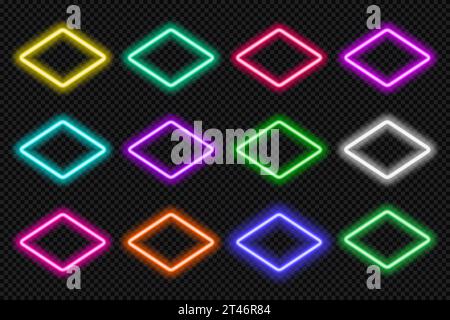 Set rombo telaio neon. Bordi diamantati dai colori brillanti. Elementi dell'interfaccia utente del pulsante di azione forma geometrica con spazio di copia. Viola, blu, rosa, giallo Illustrazione Vettoriale