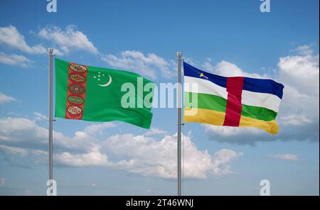 Le bandiere della Repubblica Centrafricana e del Turkmenistan sventolano insieme nel vento su un cielo nuvoloso blu, concetto di relazione tra due paesi Foto Stock