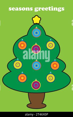 Un albero di Natale natalizio con coloratissimi ornamenti bauble e un top stellato si erge alto su uno sfondo verde, con il testo stagioni di saluto. Illustrazione Vettoriale