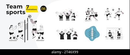 Pacchetto illustrativo piatto per cartoni animati in bianco e nero Team SPORTS Illustrazione Vettoriale