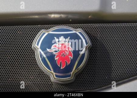 Logo Scania sul cofano. Foto Stock