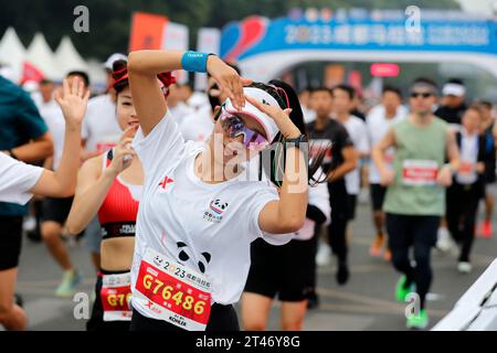 Chengdu, provincia cinese del Sichuan. 29 ottobre 2023. I corridori gareggiano durante la maratona di Chengdu del 2023 a Chengdu, nella provincia del Sichuan della Cina sud-occidentale, 29 ottobre 2023. Crediti: Shen Bohan/Xinhua/Alamy Live News Foto Stock