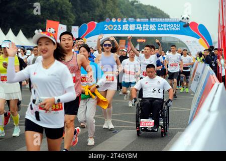 Chengdu, provincia cinese del Sichuan. 29 ottobre 2023. I corridori gareggiano durante la maratona di Chengdu del 2023 a Chengdu, nella provincia del Sichuan della Cina sud-occidentale, 29 ottobre 2023. Crediti: Shen Bohan/Xinhua/Alamy Live News Foto Stock