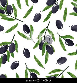 Motivo di olive senza cuciture. Illustrazione dei rami di olive ad acquerello vettoriale Illustrazione Vettoriale