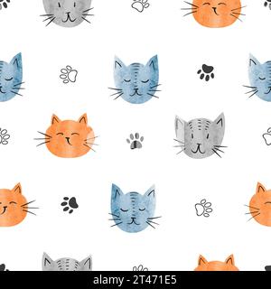 Fantasia di visi di gatto senza cuciture. Stampa bambino. Illustrazione ad acquerello vettoriale Illustrazione Vettoriale