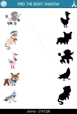 Attività di abbinamento delle ombre in Francia. Puzzle con animali e uccelli tradizionali francesi. Trovare il foglio di lavoro stampabile della silhouette corretto. Pagina divertente per bambini wi Illustrazione Vettoriale