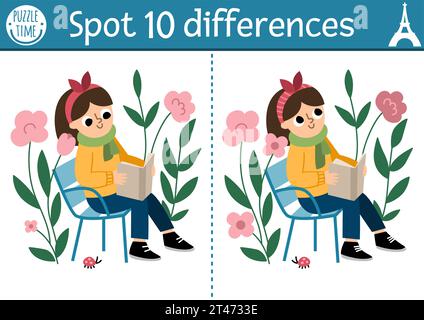 Trova il gioco delle differenze per i bambini. Attività educativa con una ragazza carina che legge un libro in giardino tra fiori. Puzzle per bambini con carattere francese. Illustrazione Vettoriale