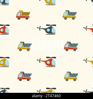 Modello di trasporto dei giocattoli dei cartoni animati senza cuciture. Illustrazione vettoriale infantile con camion ed elicottero Illustrazione Vettoriale