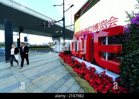 SHANGHAI, CINA - 29 OTTOBRE 2023 - le persone passano un letto di fiori al 6th China International Import Expo di Shanghai, Cina, 29 ottobre 2023. Foto Stock