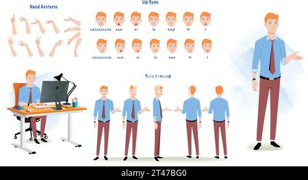 Un foglio modello di carattere per uomo d'affari per l'animazione. Foglio modello personaggio donna con sincronizzazione labbra, gesto della mano, rotazione foglio-02 Illustrazione Vettoriale