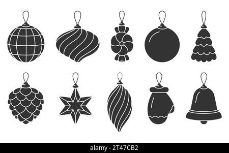 Set di silhouette con glifo nero giocattolo dell'albero di Natale. Timbro decorativo per le vacanze di Capodanno, segno di stencil, segno di caramella, palla a stella, cono di pino, guanto di cicle, spirale a campana, regalo, festa, elemento di design isolato Illustrazione Vettoriale