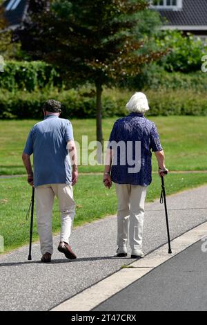 Coppia anziana, entrambe con bastoni da passeggio, che si gode una passeggiata pomeridiana in una soleggiata giornata estiva Foto Stock